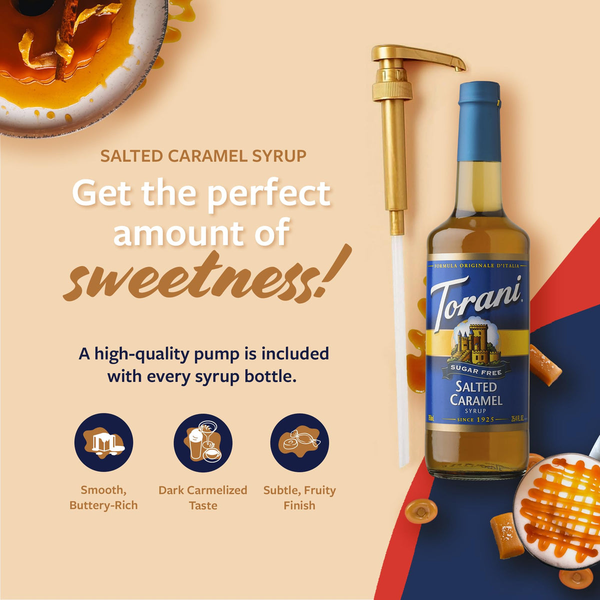 Close-up of Torani Salted Caramel sugar-free syrup bottle highlights BPA-free plastic.