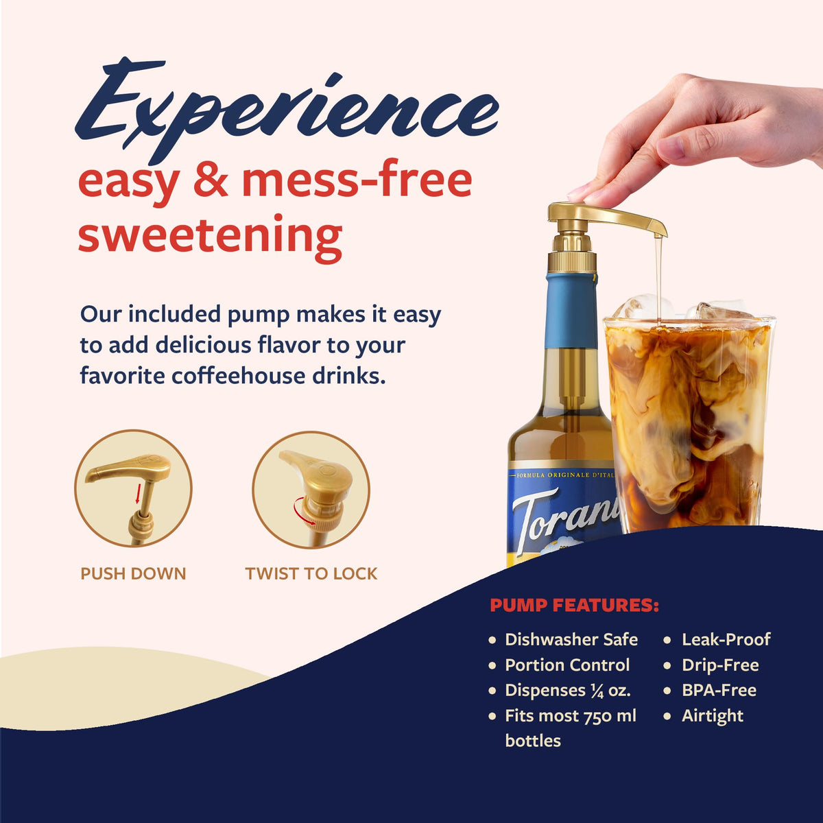 Torani pump-dispensed syrup adds cold brew flavor with controlled sweetness.