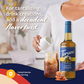 Torani Sugar Free Salted Caramel latte idea showcases rich flavor in a cup.