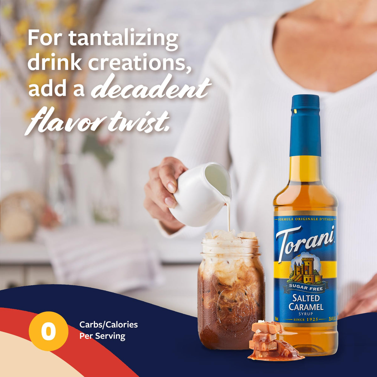 Torani Sugar Free Salted Caramel Latte with foam shows flavorful coffee at home