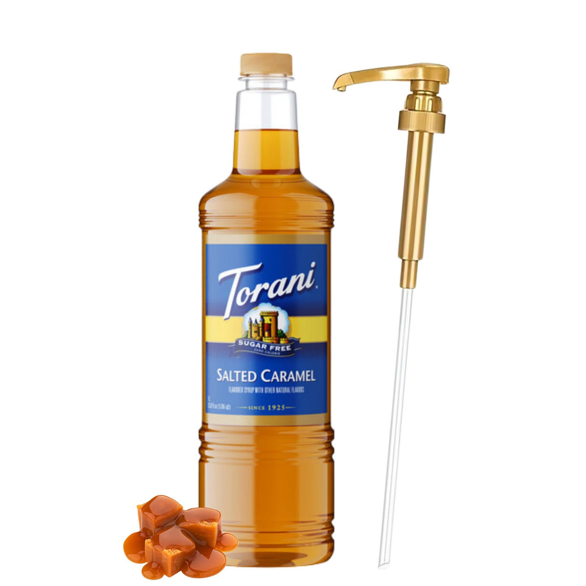 Torani Sugar Free Salted Caramel Syrup bottle with pump adds zero-calorie flavor to lattes