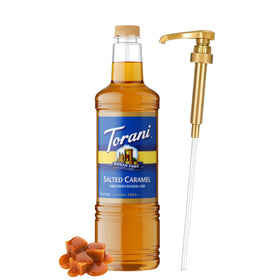 Torani Sugar Free Salted Caramel Syrup bottle with pump adds zero-calorie flavor to lattes