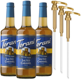Torani Sugar Free Salted Caramel three-pack bottles on kitchen counter for home use.