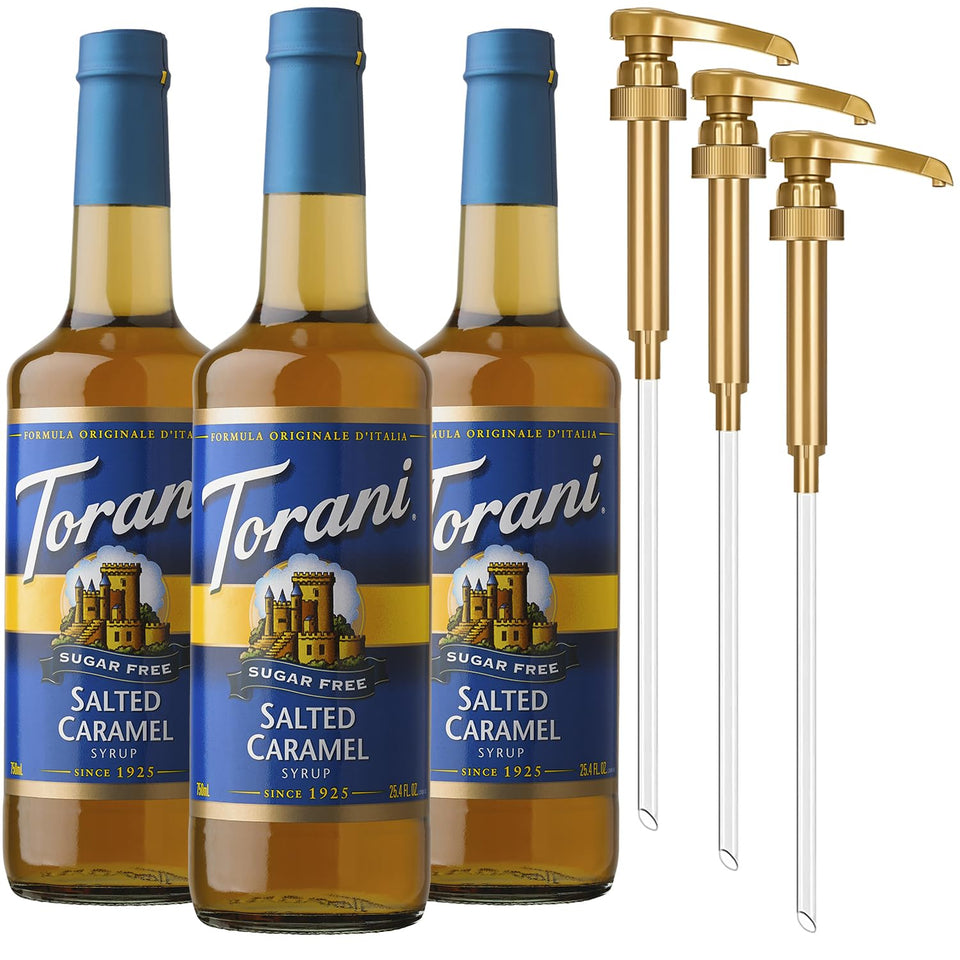Torani Sugar Free Salted Caramel three-pack bottles on kitchen counter for home use.