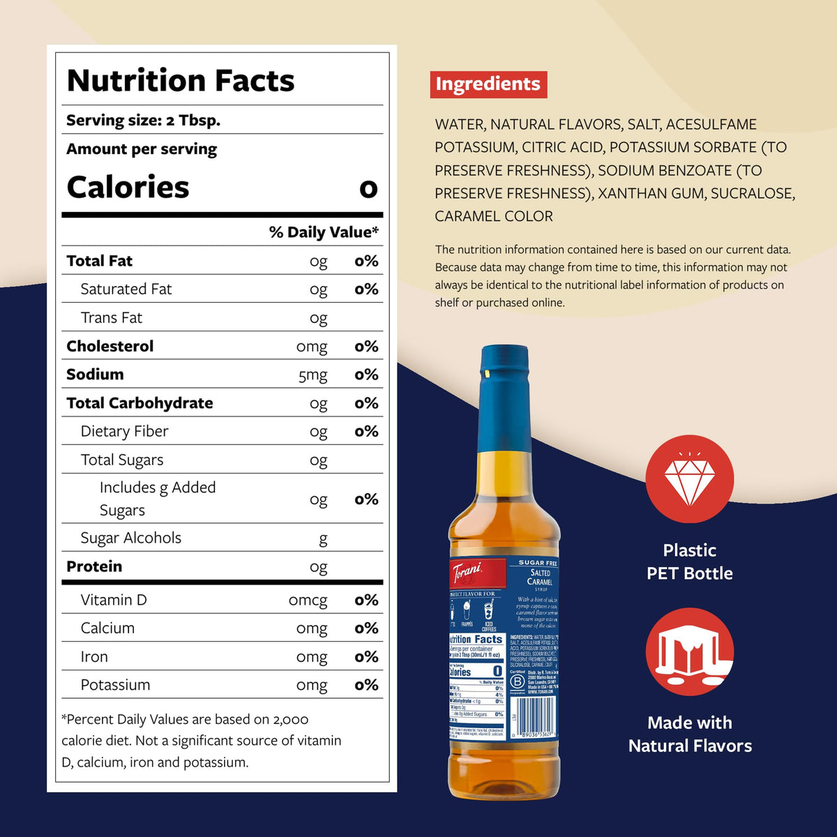 Torani Sugar Free Salted Caramel Syrup bottle closeup highlighting zero calorie sweetness