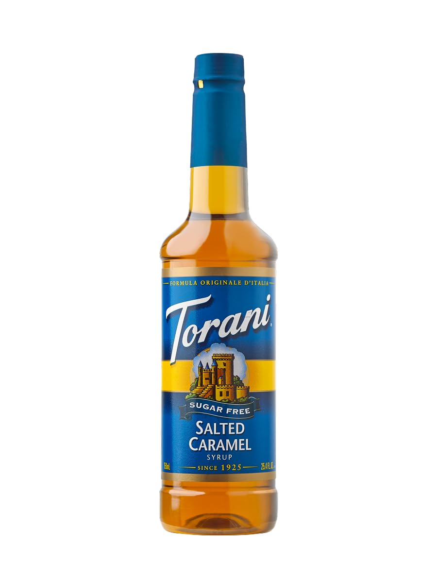 Torani sugar-free salted caramel syrup bottle demonstrates long-lasting flavor without sugar.