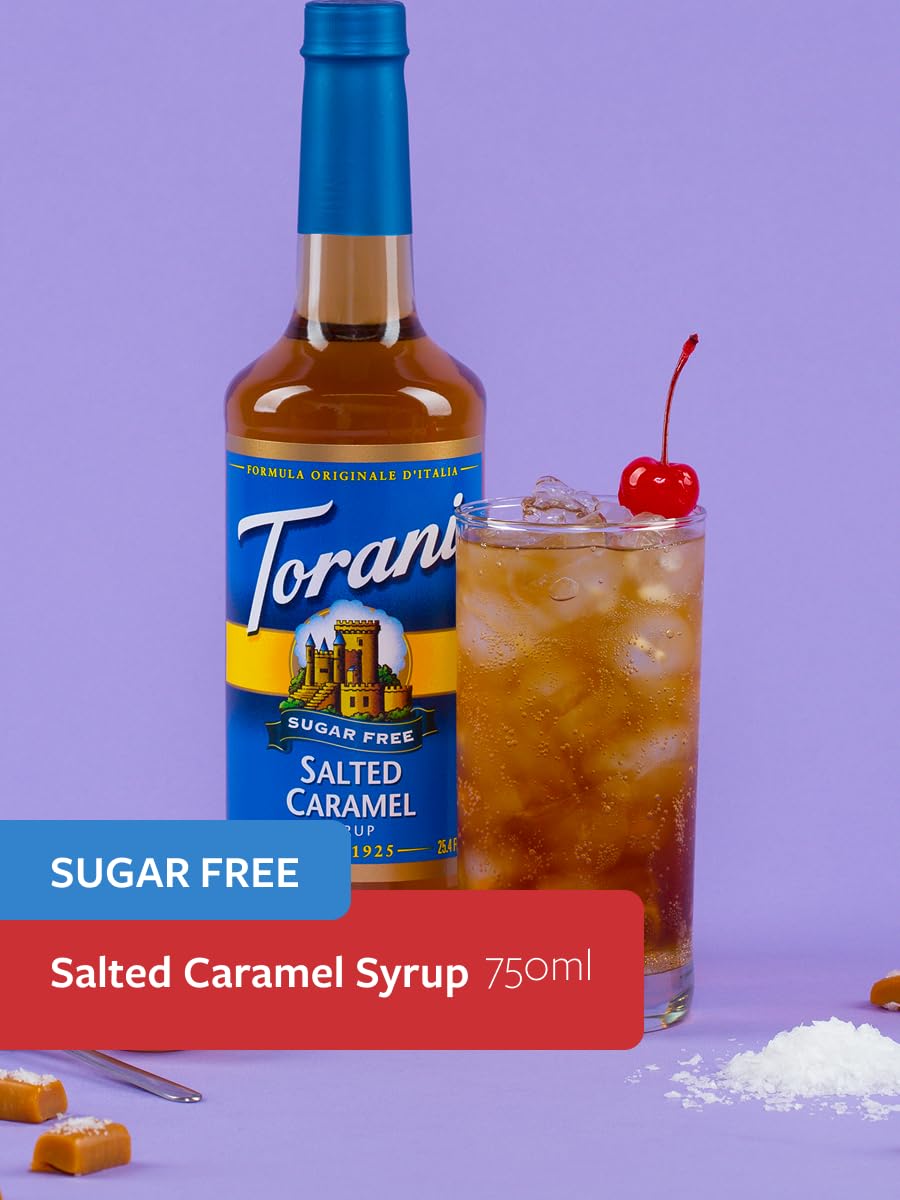 Torani sugar-free salted caramel syrup pour adds quick flavor to drinks.
