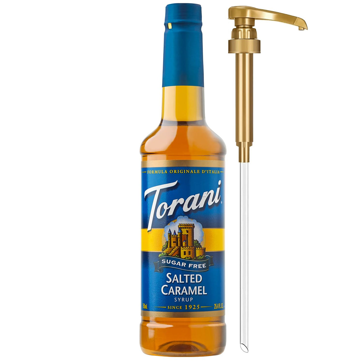 Torani Sugar Free Salted Caramel Syrup pump 750ml on kitchen counter for easy flavoring