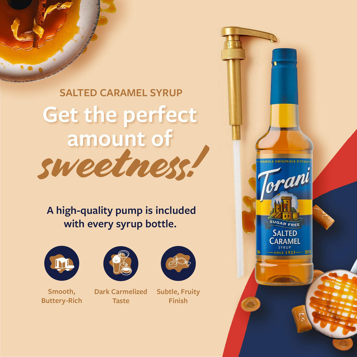 Torani Sugar Free Salted Caramel Syrup pump-dispense demonstrates mess-free sweetening