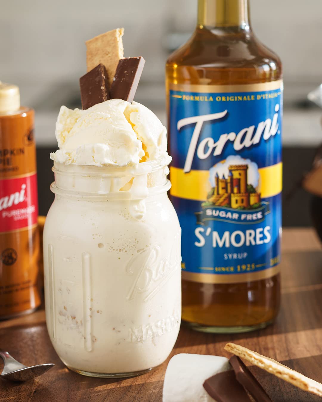 Torani Sugar Free S'mores Syrup label shown for easy flavor selection.