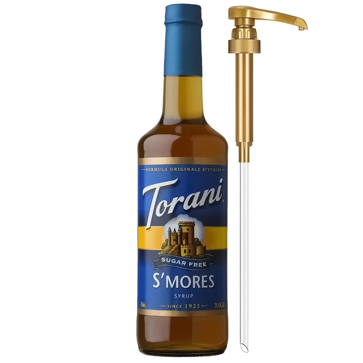 Torani Sugar Free S’mores syrup bottle with pump for mess-free sweetening