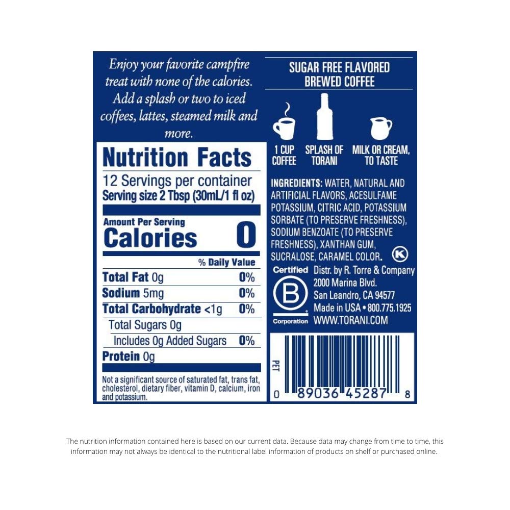 Close-up of Torani Sugar Free label highlighting zero sugar