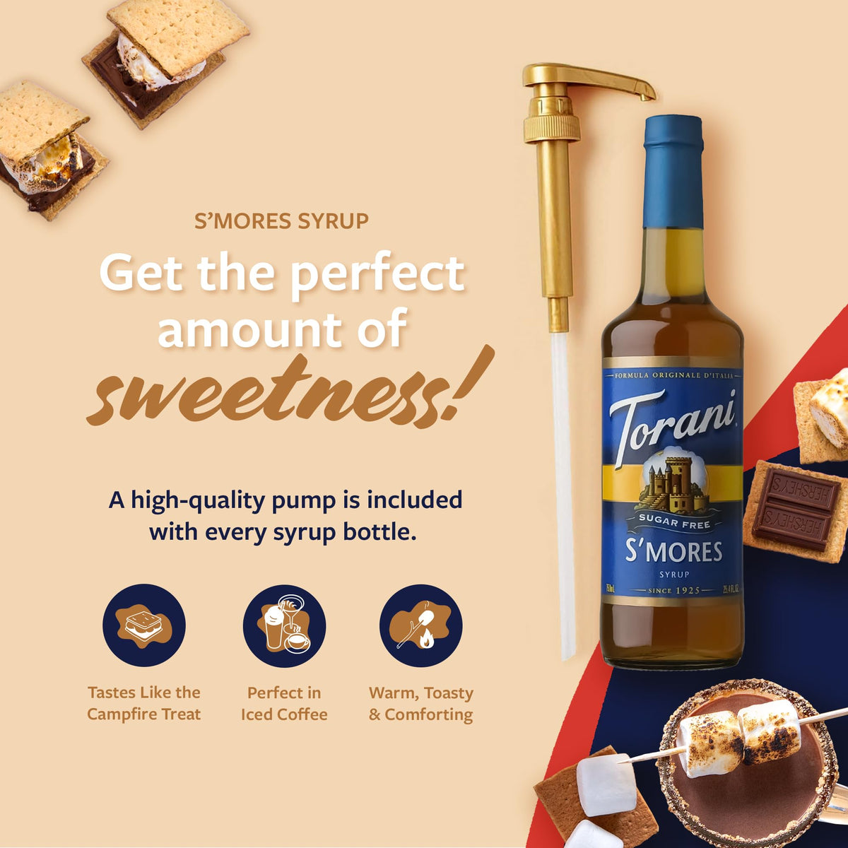 Close-up of pump dispensing Torani S’mores sugar-free syrup