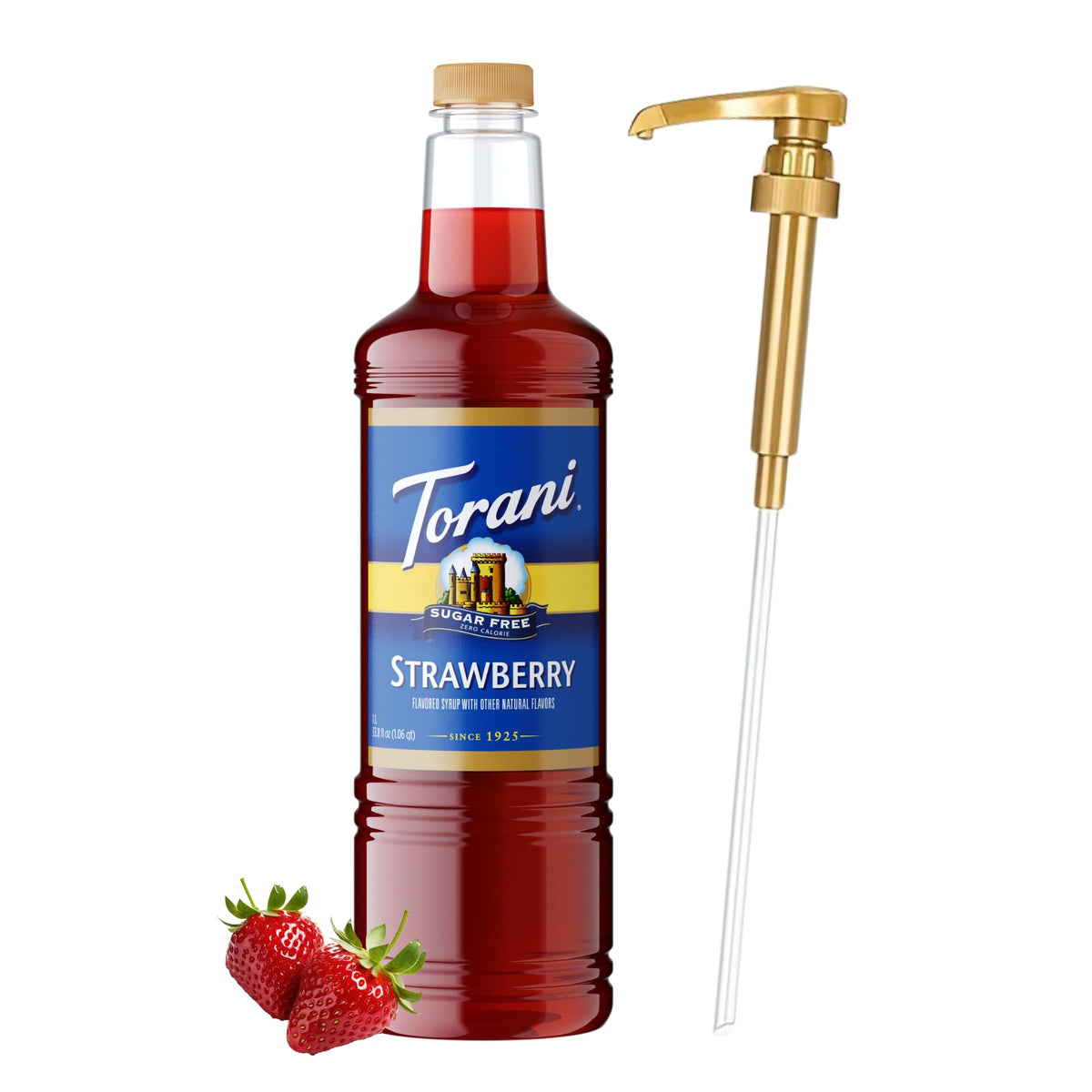 Torani Sugar Free Strawberry Syrup bottle with pump for mess-free, precise flavor pours