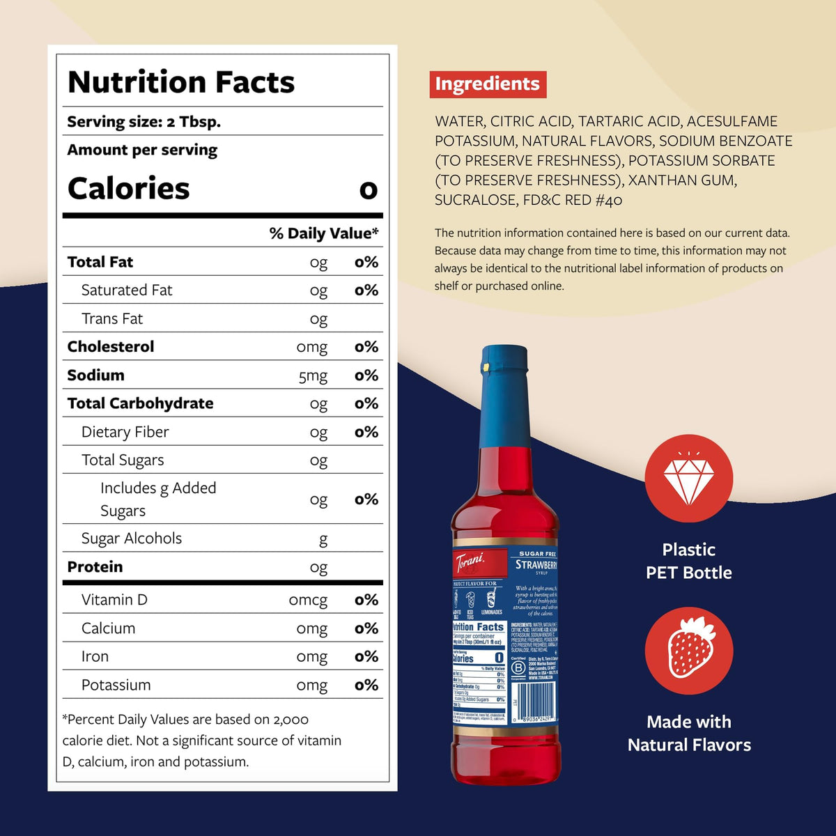 Close-up of Torani Sugar Free Strawberry Syrup label showing vibrant red color.
