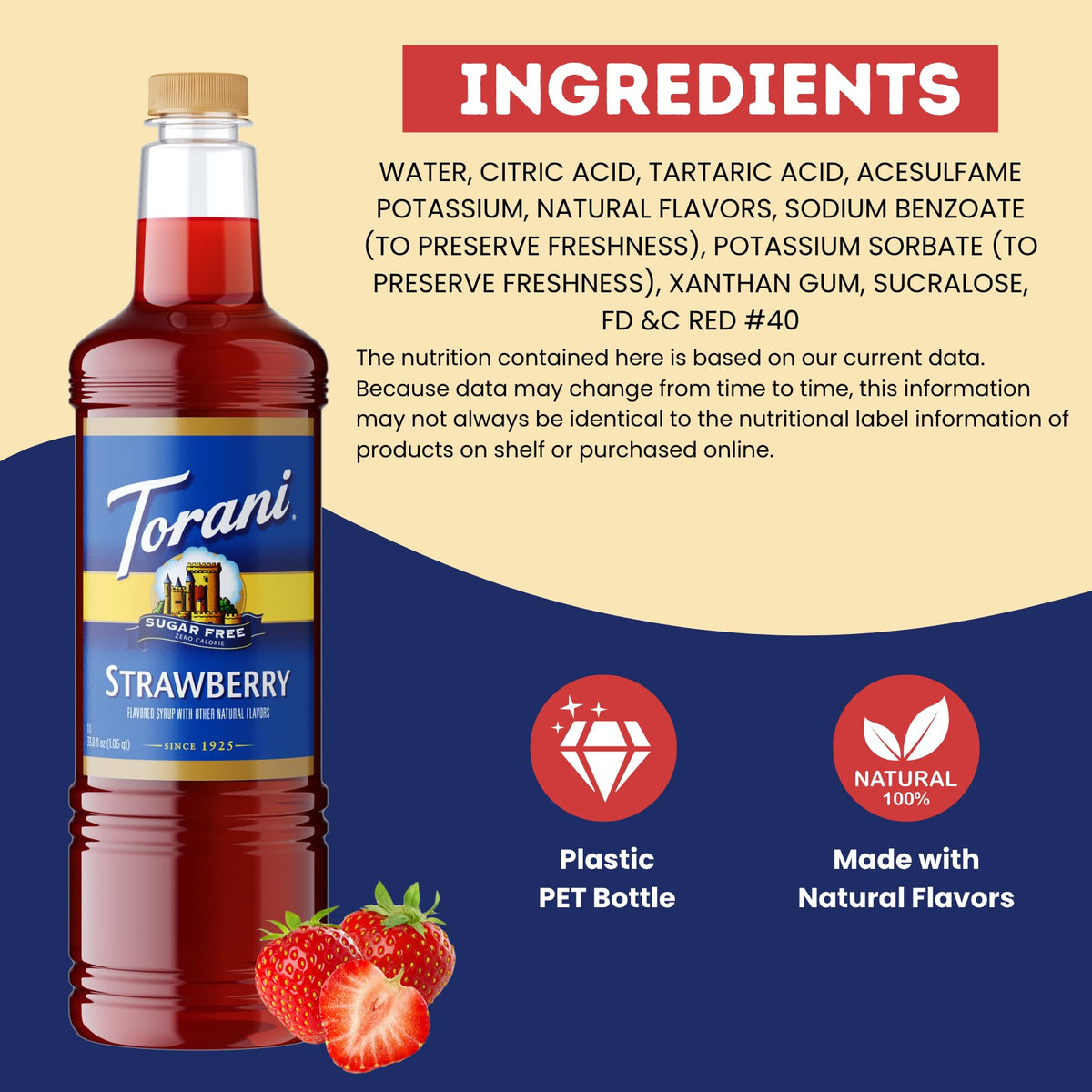 Premium label detail on Torani Sugar Free Strawberry Syrup communicates quality