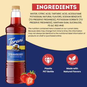 Premium label detail on Torani Sugar Free Strawberry Syrup communicates quality