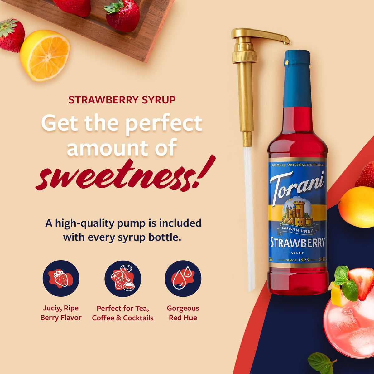 Torani Sugar Free Strawberry Syrup pump in use beside a glass.