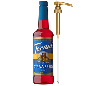Torani Sugar Free Strawberry Syrup bottle with pump for calorie-free flavoring in beverages.