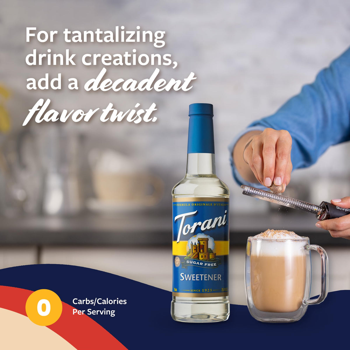 Torani Sugar Free Sweetener latte setup showing syrup for lattes