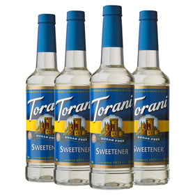 Torani Sugar Free Syrup bottle pour for coffee with zero calories.