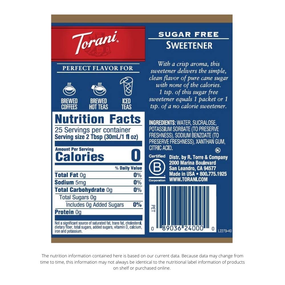 Torani Sugar Free Syrup label showing flavors and keto-friendly benefits.