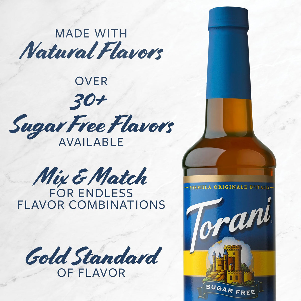 Torani bottle on counter for quick keto drinks.