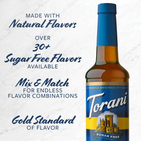 Torani bottle on counter for quick keto drinks.