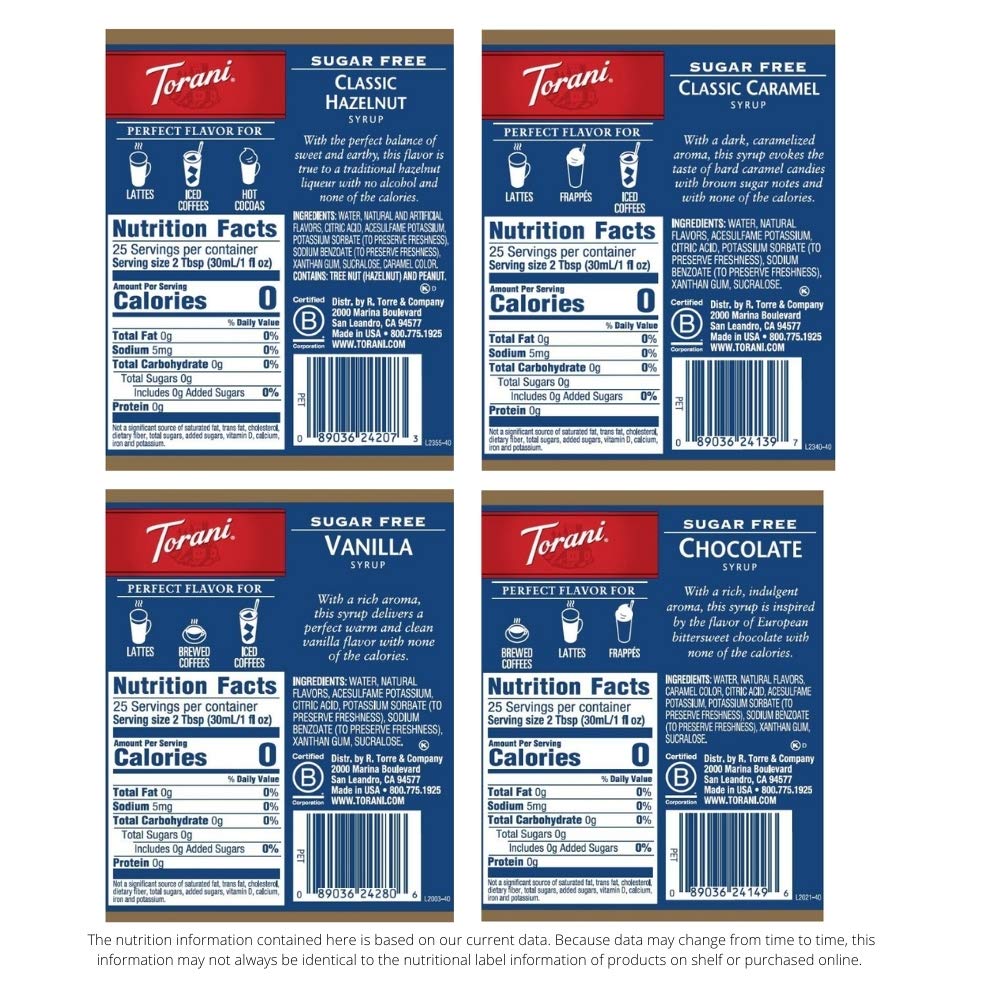 Torani caramel sugar free bottle enhances hot or iced beverages.