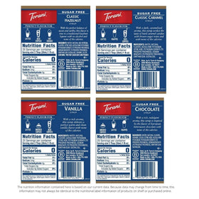 Torani caramel sugar free bottle enhances hot or iced beverages.