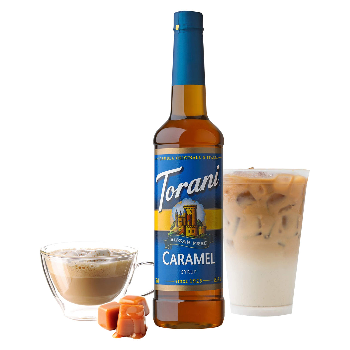 Torani Sugar Free Caramel pour adds keto-friendly sweetness to coffee