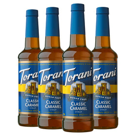 Torani Sugar Free Syrup Classic Caramel bottle pour enhancing flavor without sugar