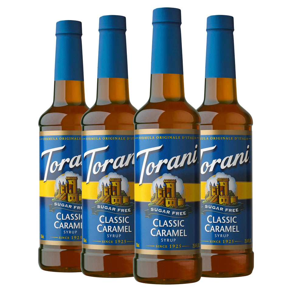 Torani Sugar Free Syrup Classic Caramel bottle pour enhancing flavor without sugar