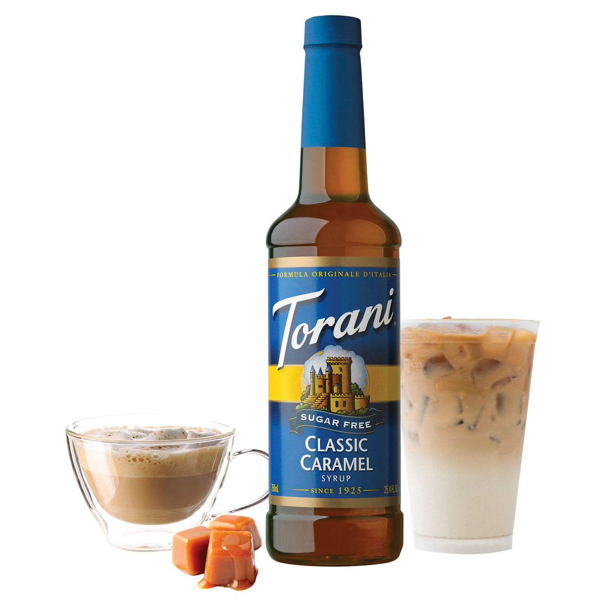 Torani Sugar Free Syrup Classic Caramel in coffee latte for rich caramel notes
