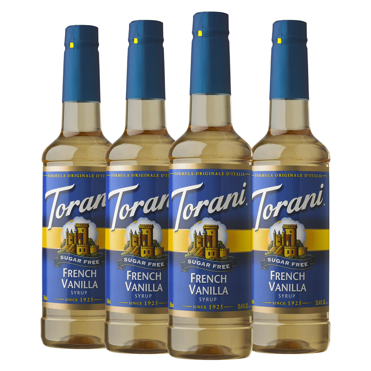 Torani Sugar-Free French Vanilla bottle front view, four-pack for sugar-free flavoring on the go.