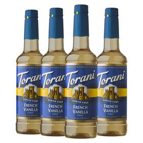 Torani Sugar-Free French Vanilla bottle front view, four-pack for sugar-free flavoring on the go.