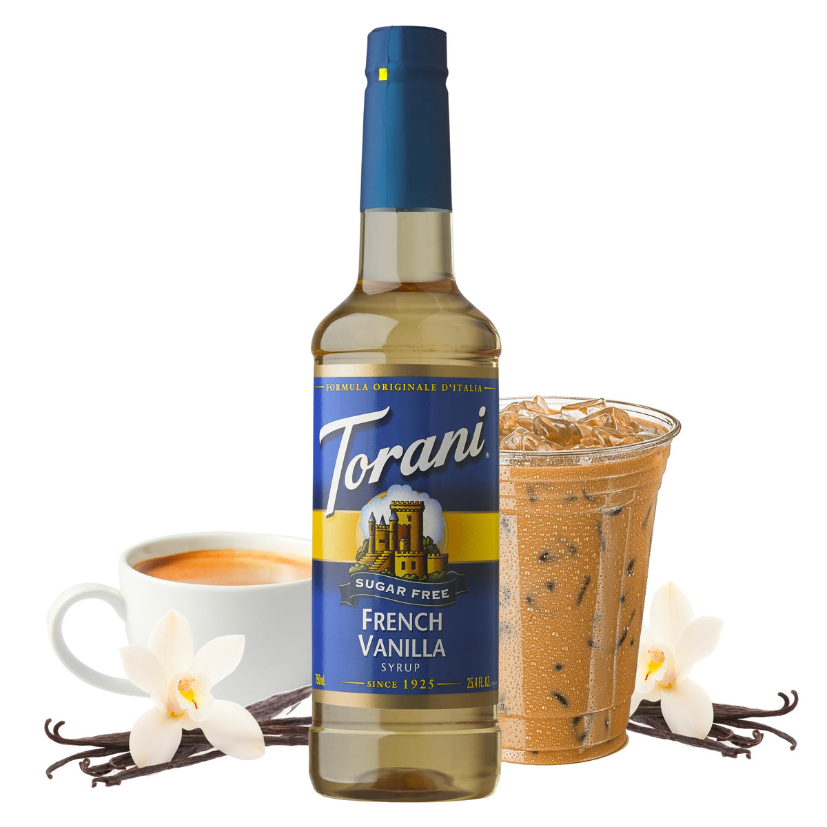 Torani Sugar-Free French Vanilla bottle pour, ideal for customizing coffees and beverages.