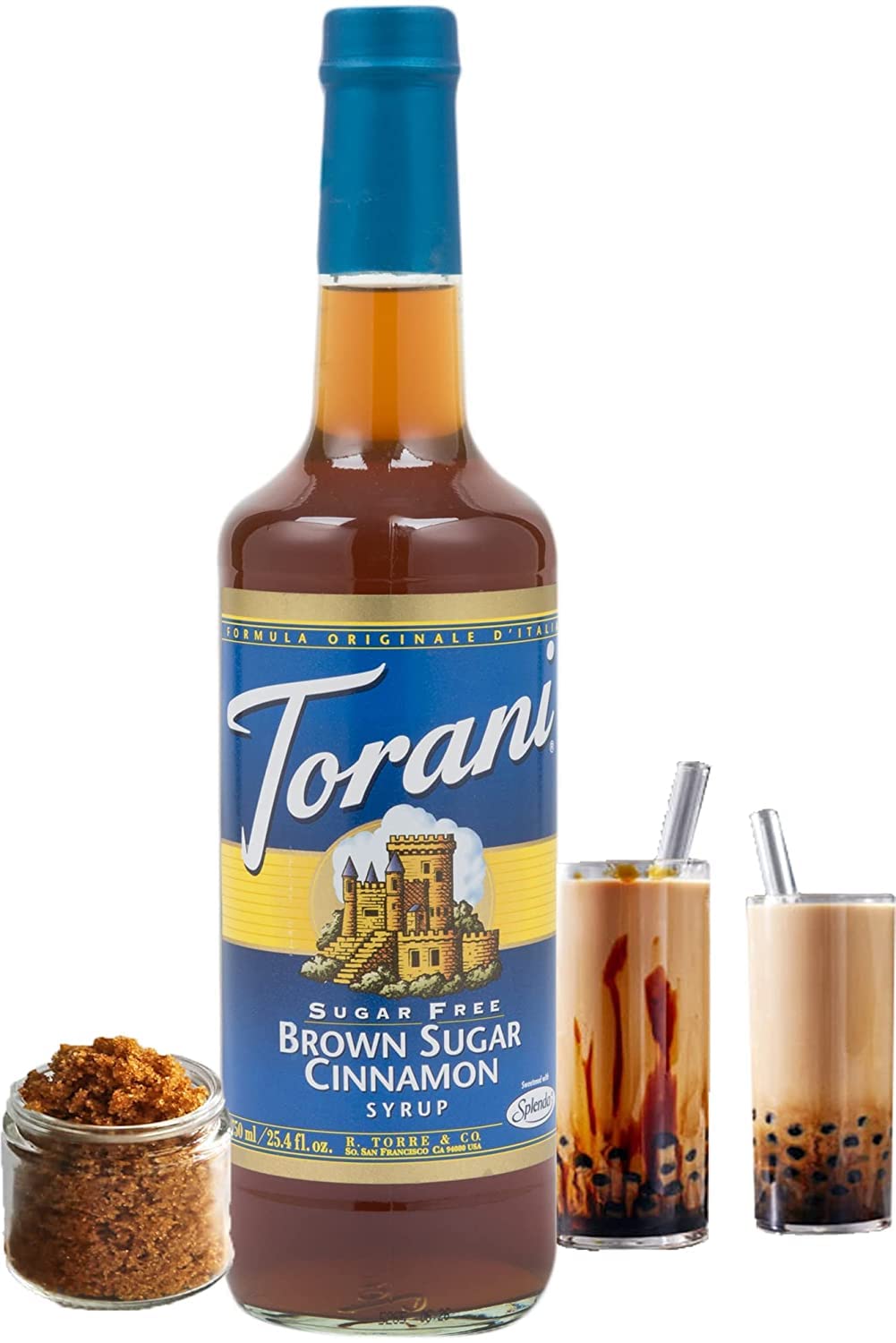 Torani Brown Sugar Cinnamon Sugar Free syrup label—trusted flavor without sugar.