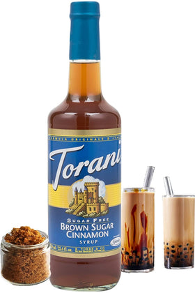 Torani Brown Sugar Cinnamon Sugar Free syrup label—trusted flavor without sugar.