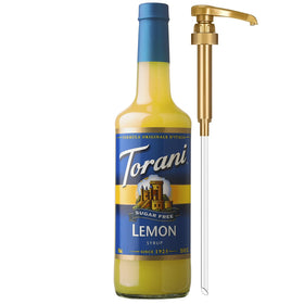Torani Sugar Free Lemon Syrup bottle with pump for zero-calorie beverages.