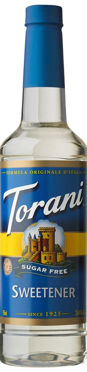 Torani Sugar Free Syrup pour close-up enhancing coffee flavor without sugar.