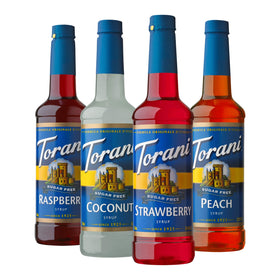 Torani raspberry sugar-free syrup bottle pour for zero calorie flavor boost
