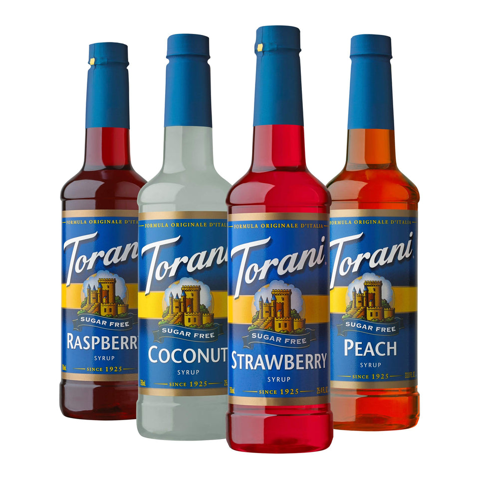 Torani raspberry sugar-free syrup bottle pour for zero calorie flavor boost