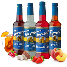 Torani raspberry sugar-free syrup label closeup highlighting natural flavors