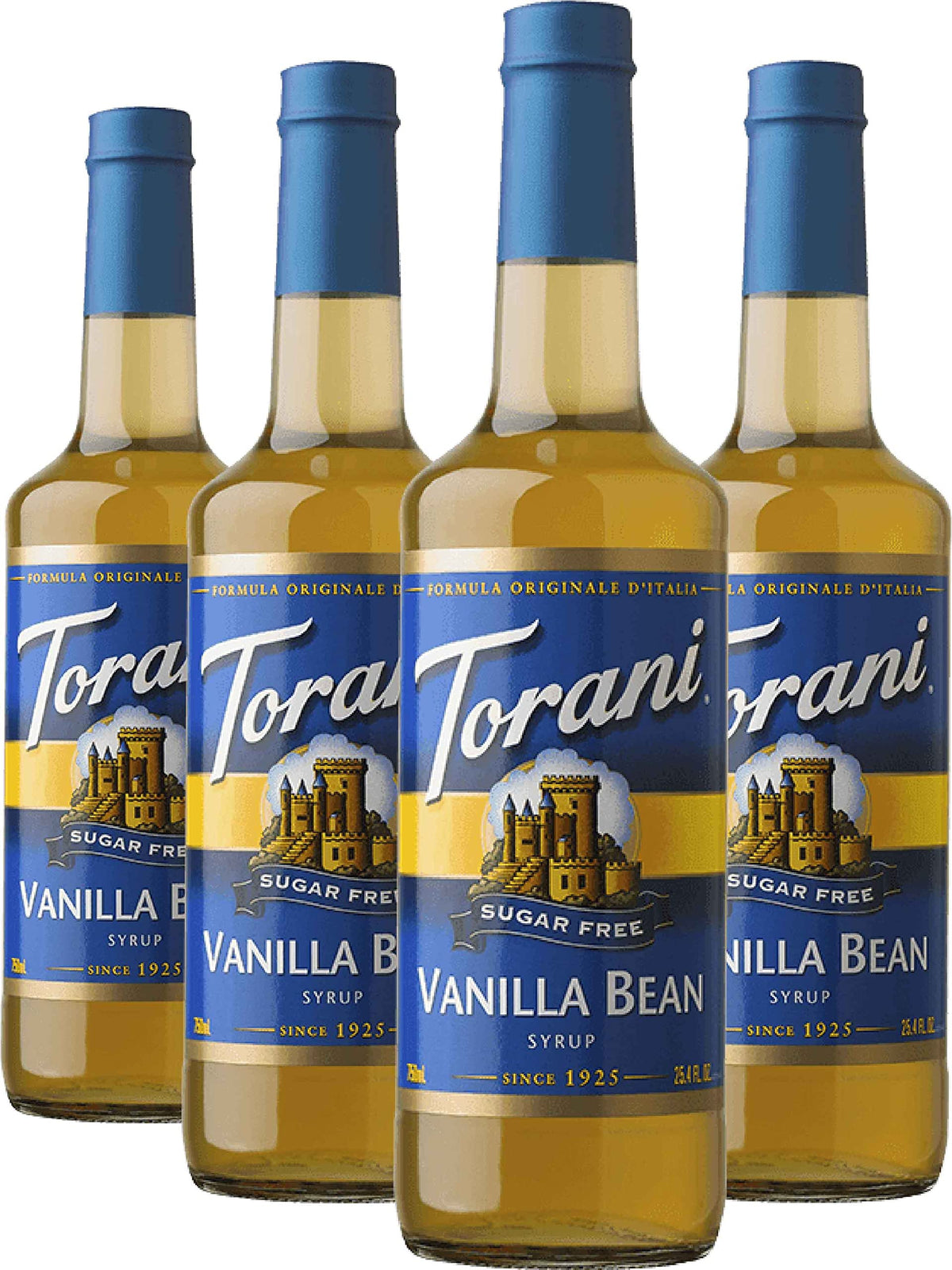 Torani Sugar-Free Vanilla Bean syrup bottle being poured for beverages