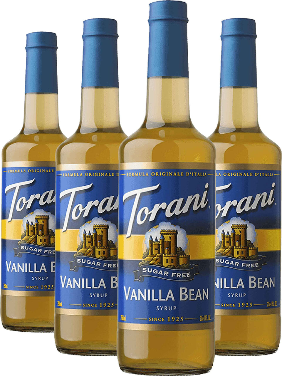 Torani Sugar-Free Vanilla Bean syrup bottle being poured for beverages