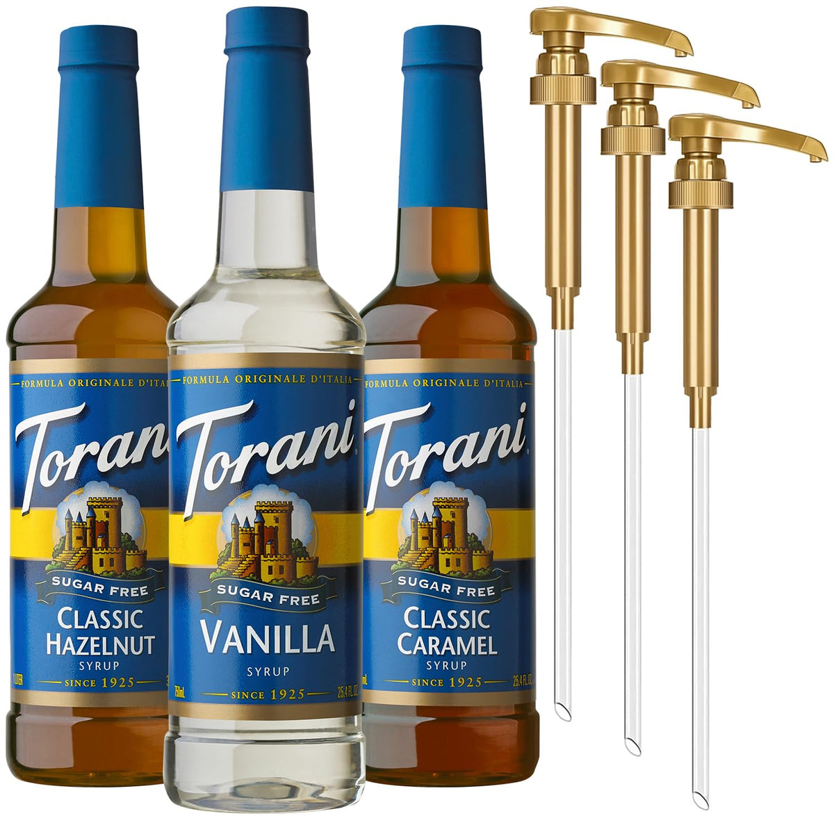 Torani sugar-free vanilla syrup bottle with pump for calorie-free flavor boost