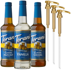 Torani sugar-free vanilla syrup bottle with pump for calorie-free flavor boost