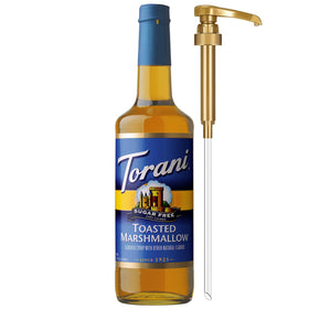 Torani Sugar-Free Toasted Marshmallow syrup bottle pouring into coffee for flavor without calories