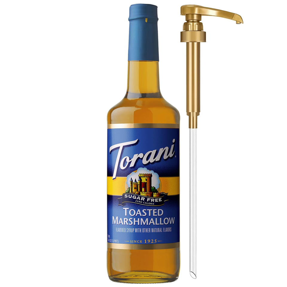 Torani Sugar-Free Toasted Marshmallow syrup bottle pouring into coffee for flavor without calories